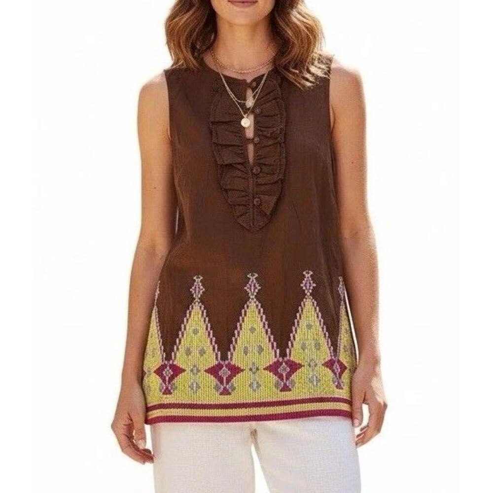 Tory Burch Tunic Top Size 10 Brown Yellow Embellished Ruffle Silk Boho V-Neck - Picture 4 of 7